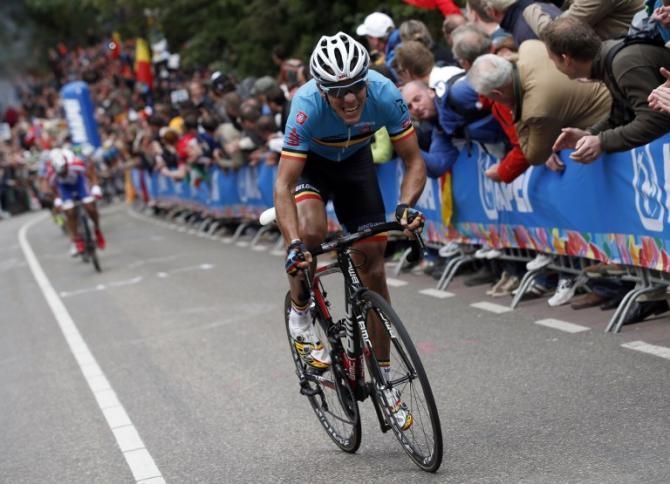 Philippe Gilbert (Belgium) makes his winning move in the finale of the men's road race world championship.