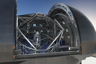 June 2009 version of the design of the European Extremely Large Telescope (E-ELT) in its enclosure, currently being planned by ESO.