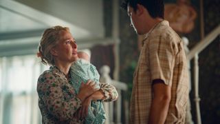 Jean with her baby and Otis Milburn in Sex Education season 4