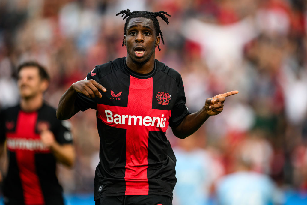 Manchester City target Jeremie Frimpong of Leverkusen celebrates after scoring his teams second goal during the Bundesliga match between Bayer 04 Leverkusen and 1. FC Köln at BayArena on October 08, 2023 in Leverkusen, Germany. (Photo by Jörg Schüler/Bayer 04 Leverkusen via Getty Images)