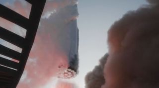 SpaceX's first integrated Starship vehicle launches on a test flight from the company's Starbase facility in Texas on April 20, 2023 in this shot from a camera mounted on the launch tower.