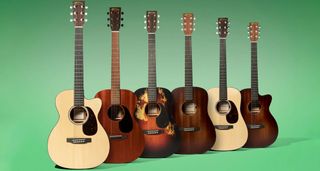 Martin Jr. Series: this new affordable run from the high-end acoustic brand comprises a range of travel-friendly instruments with a regular 24.9" scale. Here the range is pictured against a green background.