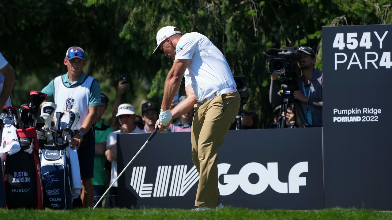 Bryson DeChambeau hitting a tee shot at the LIV Golf Invitational Portland 