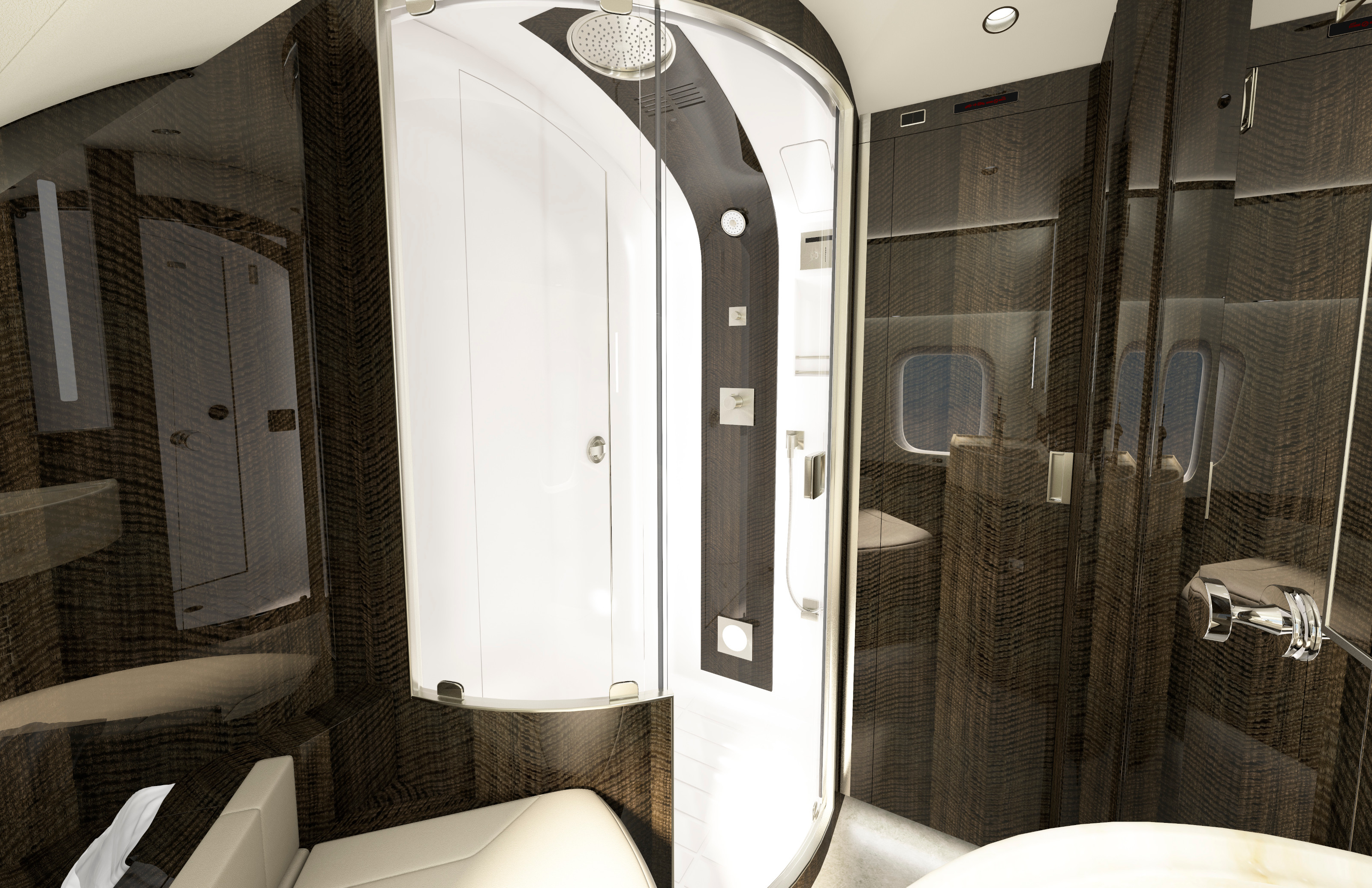 The rear stateroom can include a shower