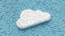 White cloud made of blocks against a blocky, light blue background.
