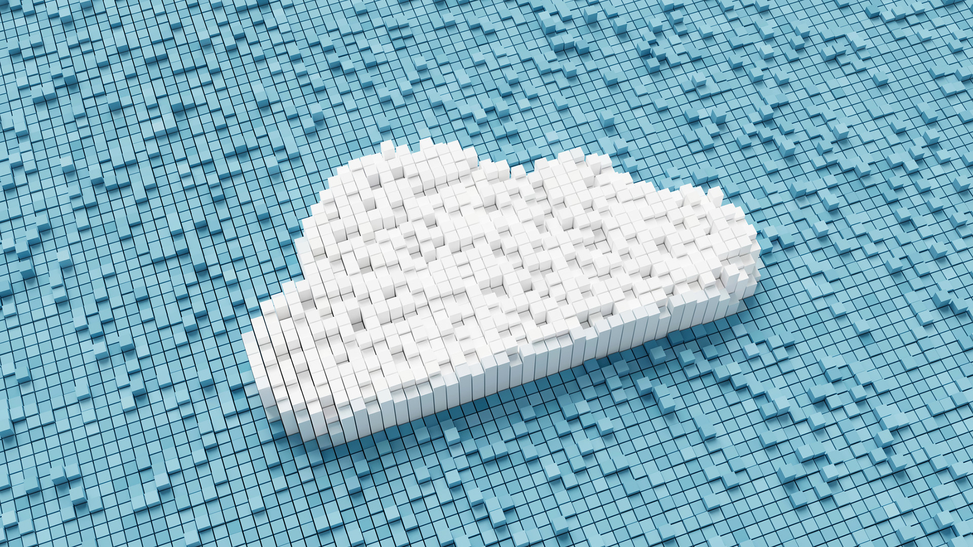 White cloud made of blocks against a blocky, light blue background.