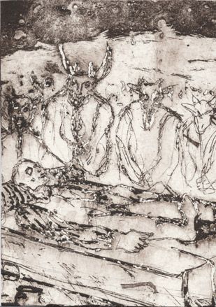 Black and white sketch of men standing around a man laying down