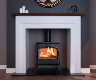 Esse wood burning stove in white fire surround