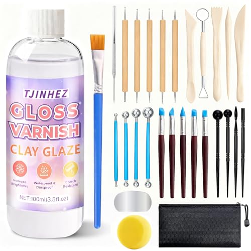 100ml Air Dry Clay Glaze and 29pcs Clay Tools Kit - Waterproof Scratch-Resistant Gloss Varnish Protects From Wear/cracking, Pottery Tools for Stippling, Carving, Molding &amp;amp; Shaping Clay Crafts