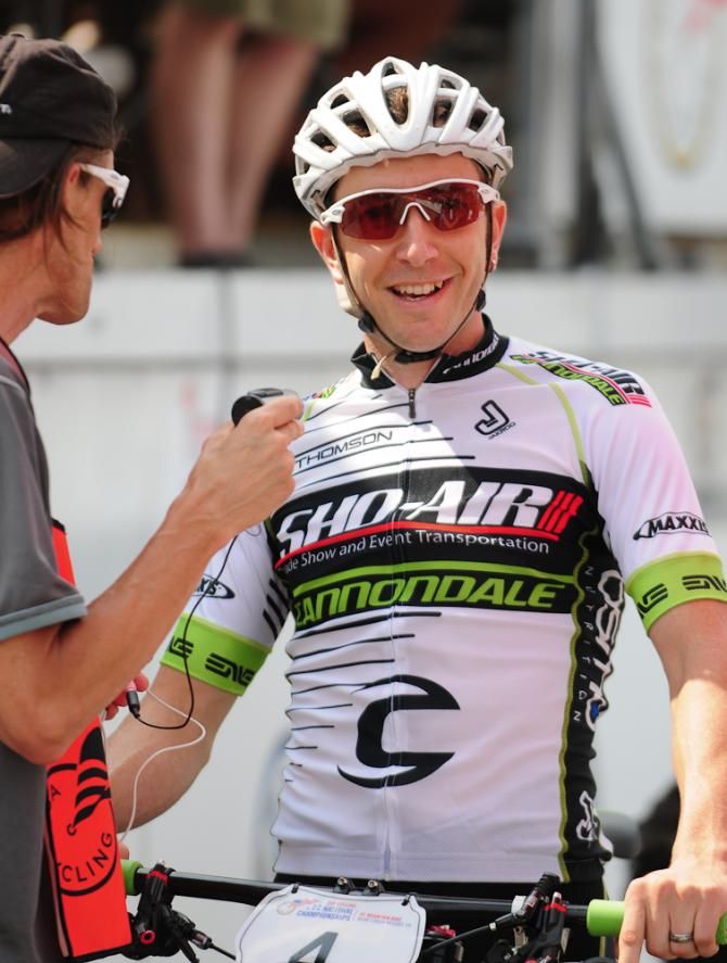 Jeremiah Bishop (Sho-Air/Cannondale) is interviewed on the starting line