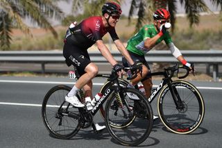 Chris Froome (Team Ineos) chats with points-jersey-wearer Caleb Ewan (Lotto Soudal) during stage 5 of the 2020 UAE Tour