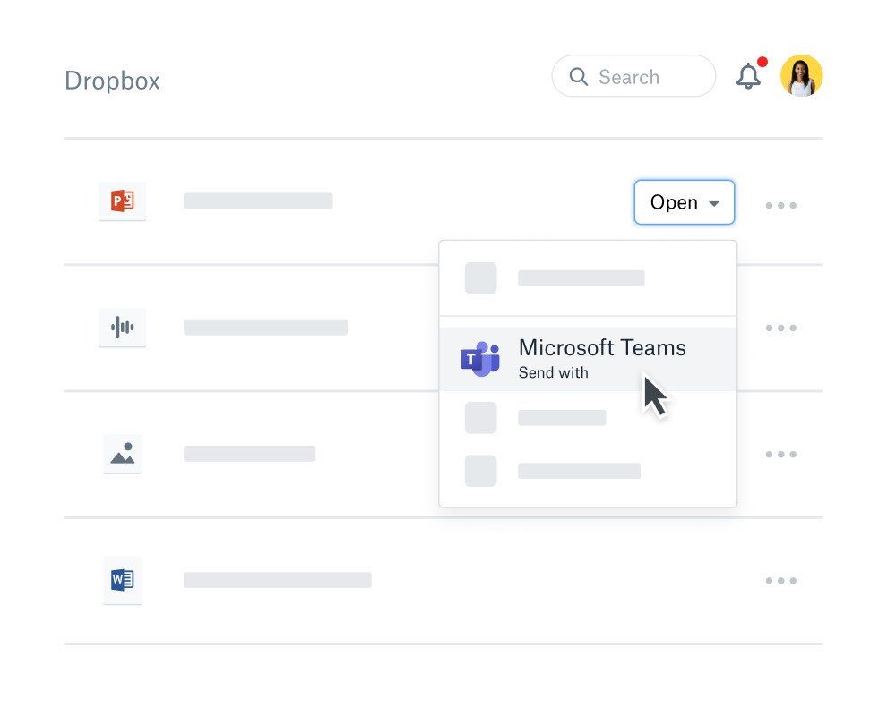 Dropbox screenshot showing Microsoft Teams integration