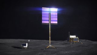 a vertical solar array on the moon with robot lander and rover