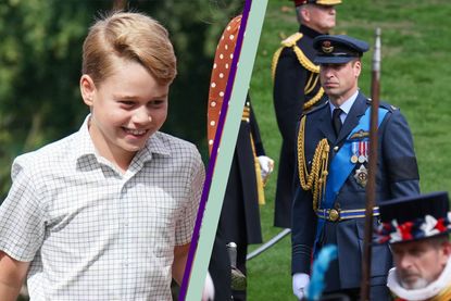 Prince William and Prince in school uniform and Prince William in military uniform, split photograph layout