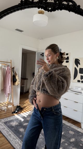 Hailey Drew Polk wearing a faux fur jacket and baggy jeans