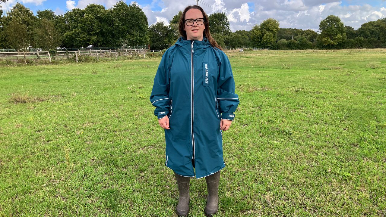 Lady wearing Two Bare Feet Hi-Vis Lightweight Riding Robe front view