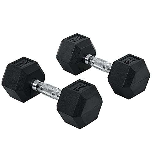 Homcom Rubber Dumbbell Sports Hex Weights Sets Home Gym Fitness Hexagonal Dumbbells Kit Weight Lifting Exercise (2 X 8kg) Black