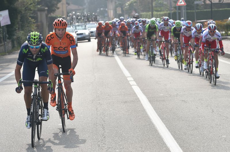 Alejandro Valverde (Movistar) and Davide Rebellin (CCC-Sprandi-Polkowice) get clear from the Katusha controlled peloton