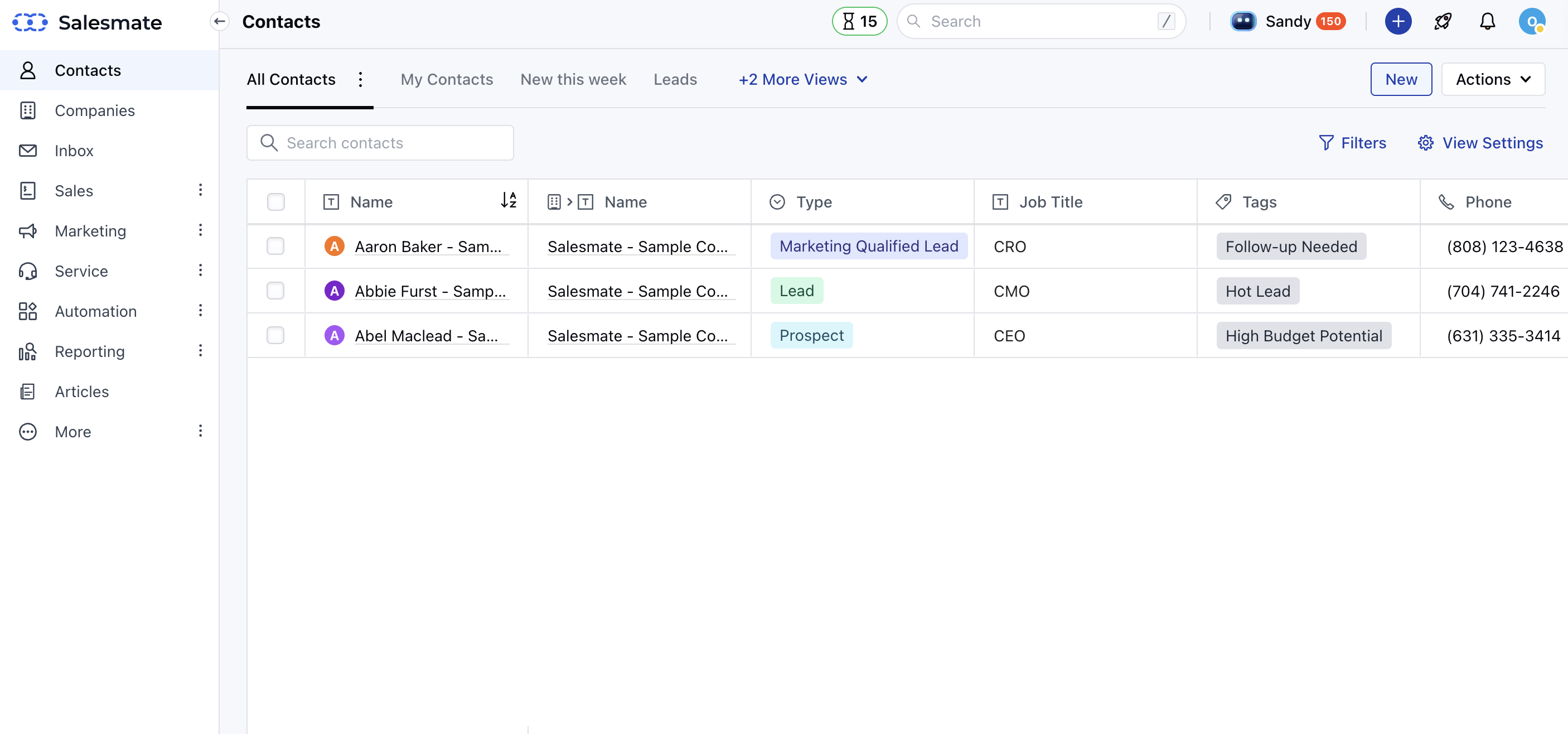 screenshot of Salesmate CRM platform