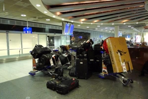Some of Team Specialized's luggage at the Frankfurt Airport
