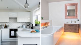 white kitchen with spotlights and pendants next to a bathroom with down-lights to show lighting mistakes to avoid