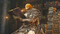 A bird man character from Elden Ring reads a book in a library