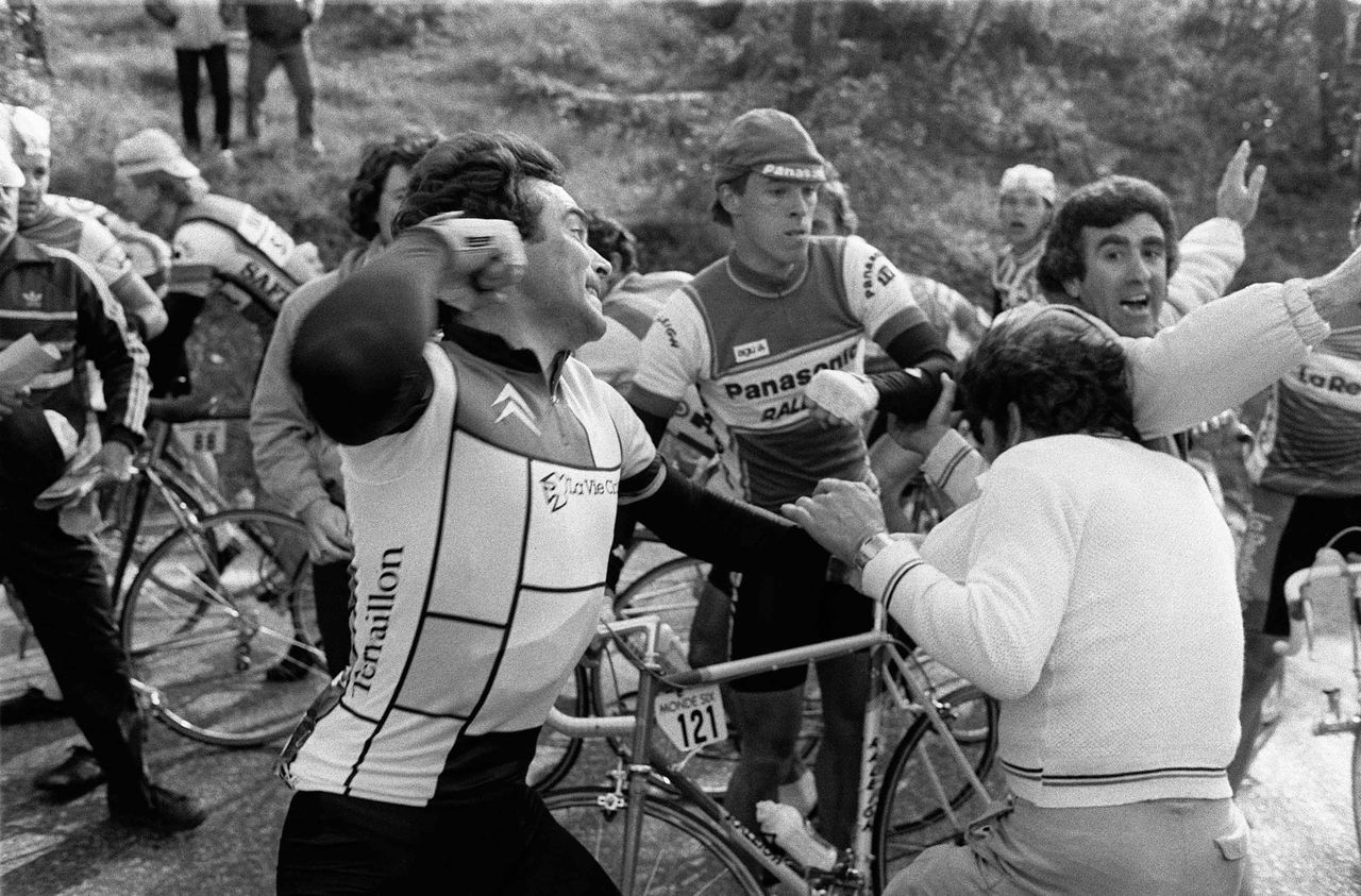 Bernard Hinault takes matters in hand during a miners' protest at Paris-Nice in 1984.
