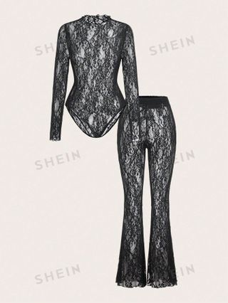 Shein, Essnce 2pcs Set Women Solid Color Lace Trim Fitted Long Sleeve Jumpsuit & Pants