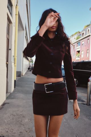 Belted Velvet Mini Skirt