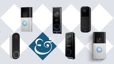 Ring, eufy, Blink, Arlo and Philips video doorbells on tile background with Homes & Gardens '&' logo.