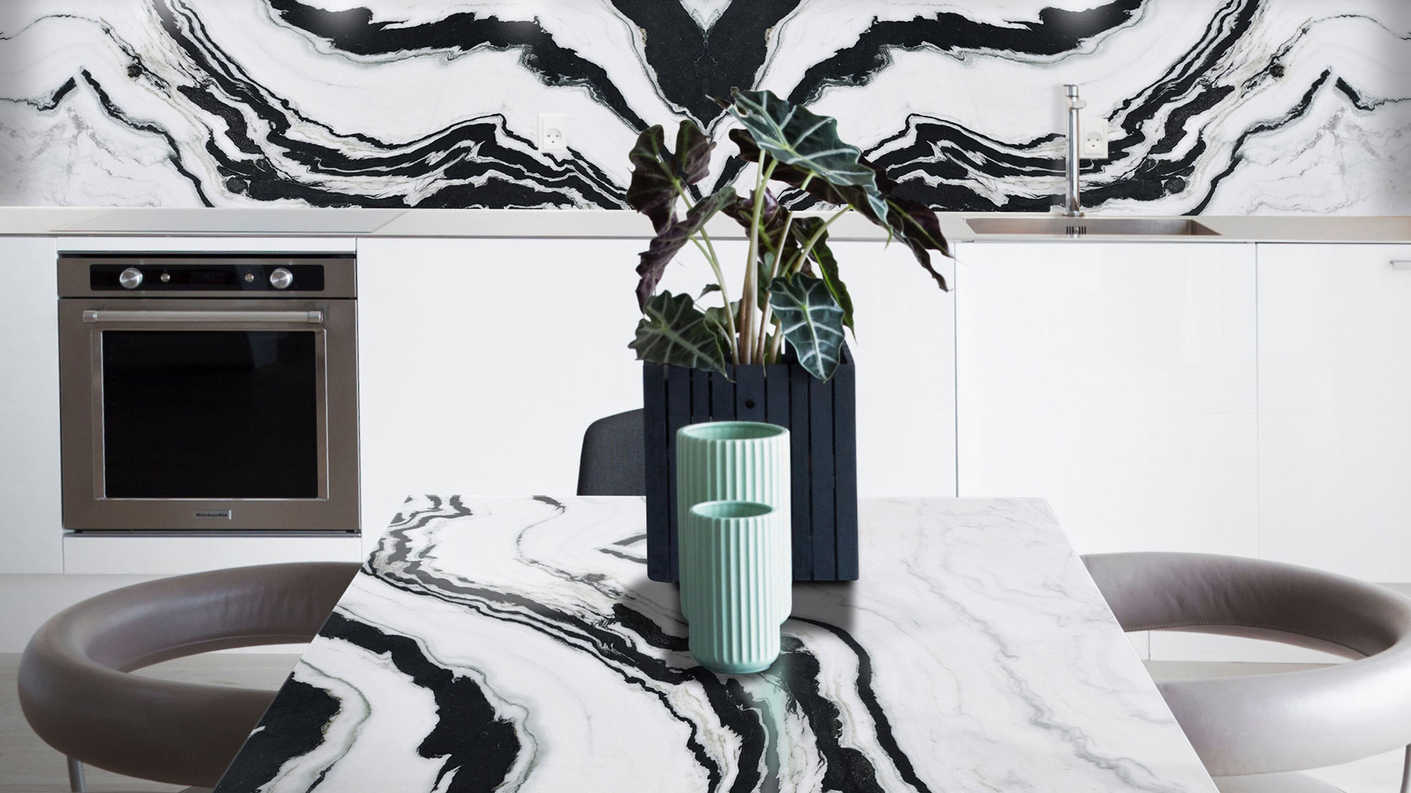  modern white kitchen with Panda marble worktop and splashback
