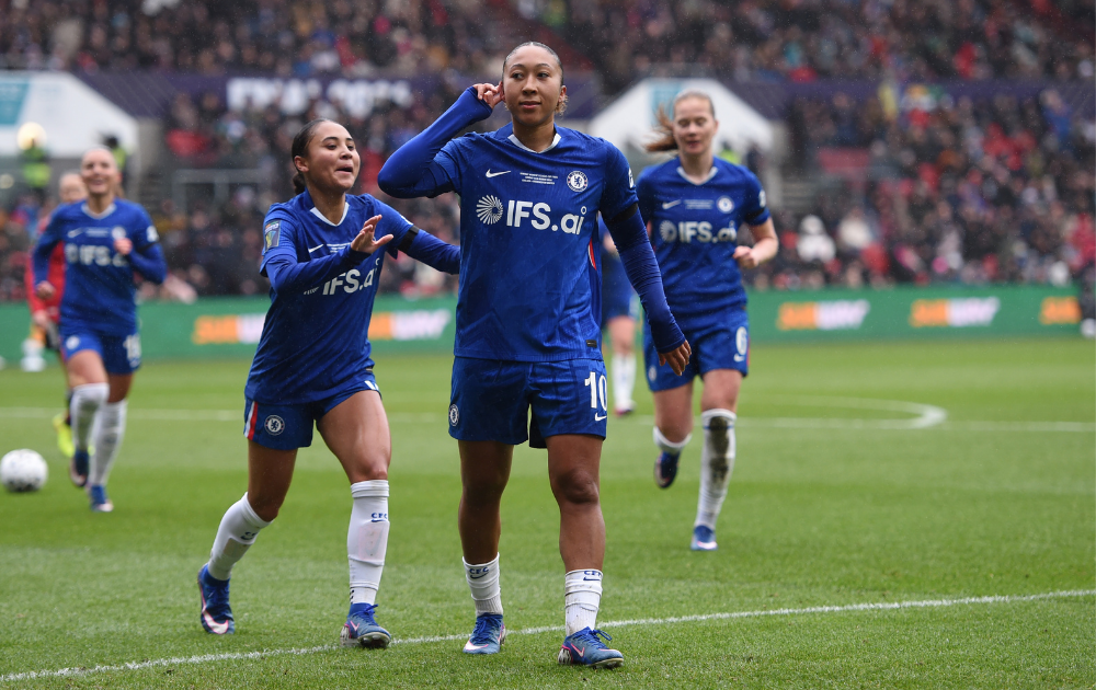  Lauren James of Chelsea celebrates after scoring her team's first goal during the Subway Women's League Cup Final match between Chelsea and Manchester United at Ashton Gate on March 15, 2026