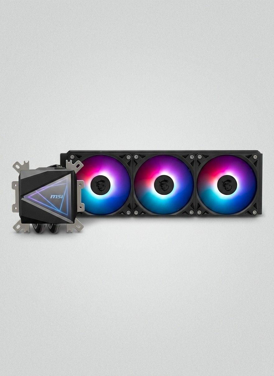 An MSI CoreLiquid I360 AIO CPU liquid cooler on a grey background