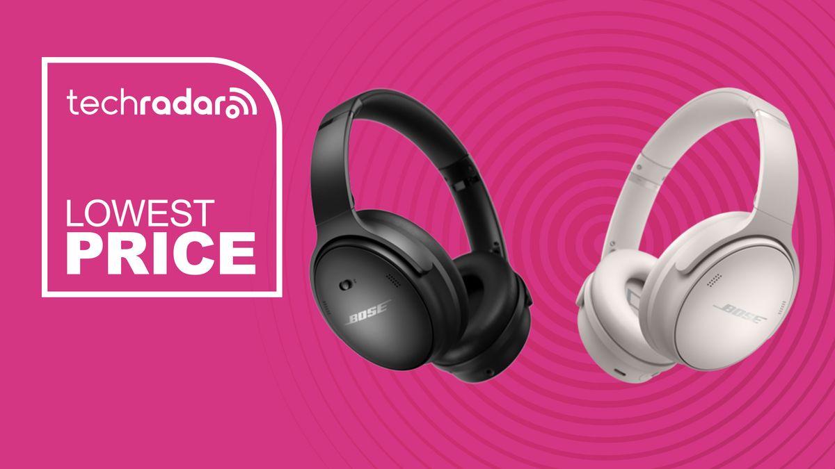 Bose QuietComfort 45 headphones in black and white on pink background with TechRadar logo and &quot;Lowest Price&quot; text