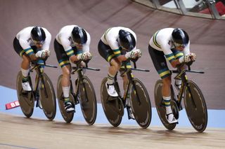 The Australian men’s team pursuit team in action at the 2020 Track World Championships in Berlin, Germany 