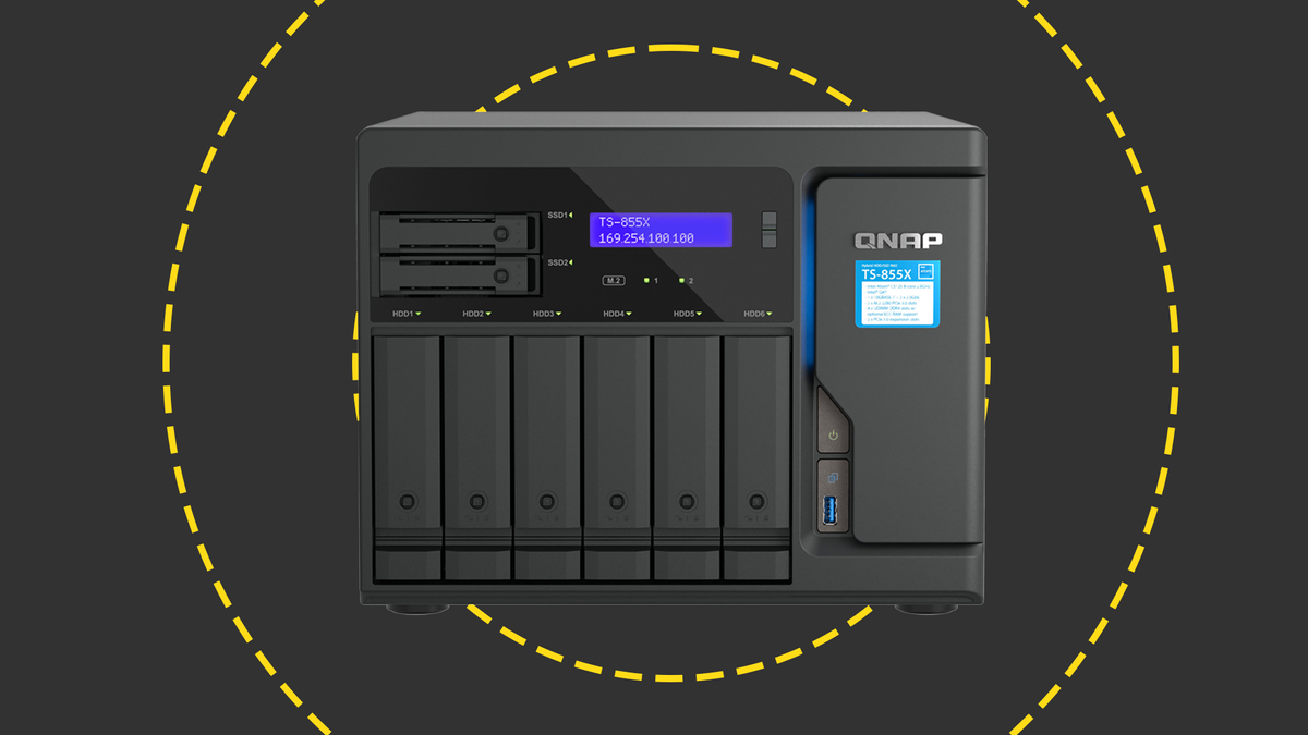 The Qnap 855x desktop NAS on the ITPro background