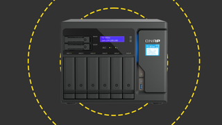 The Qnap 855x desktop NAS on the ITPro background