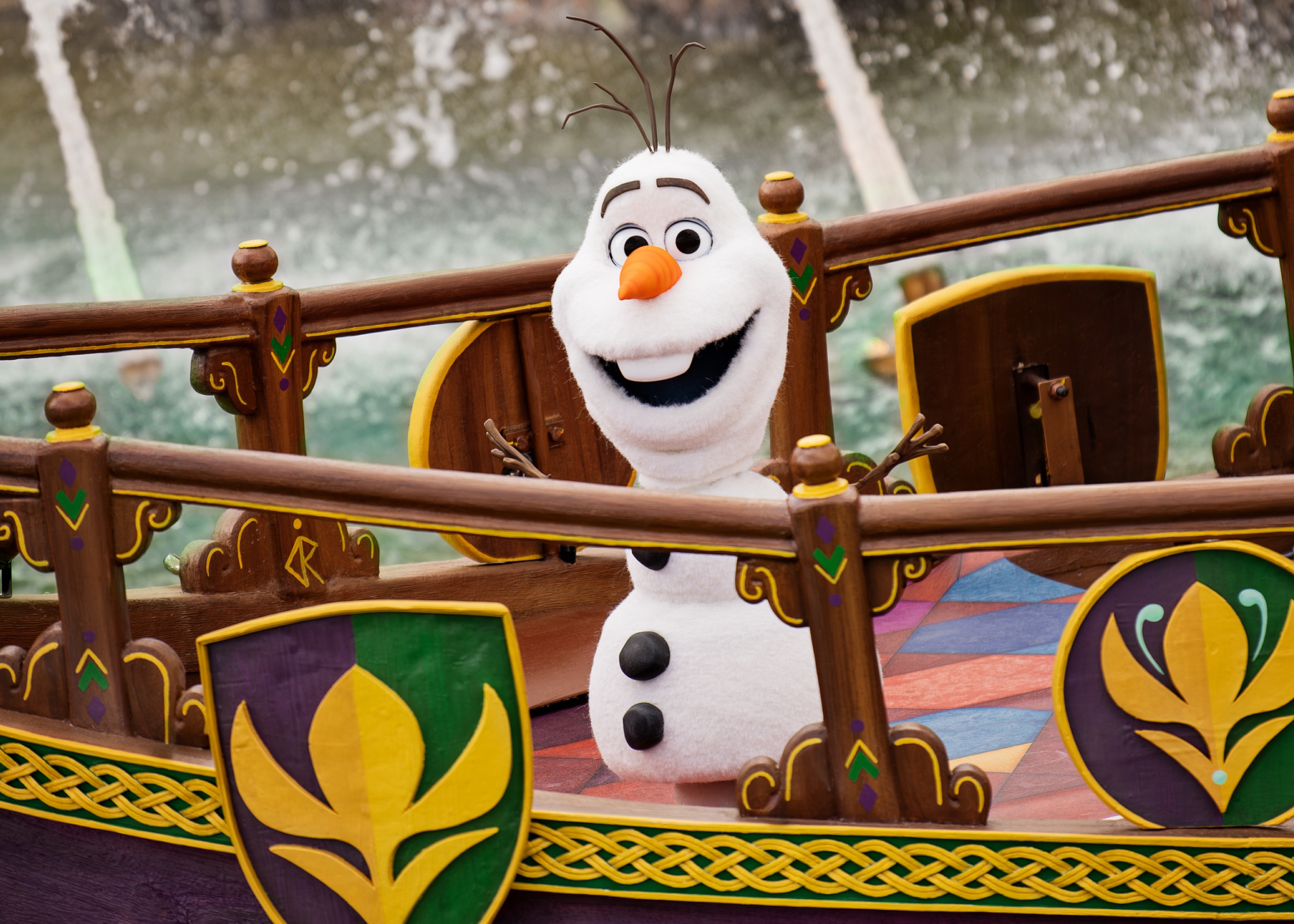 Olaf next-gen robot on a boat in a Celebration of Arendelle at Adventure World at Disneyland Pairs