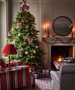 christmas living room fireplace and tree decor