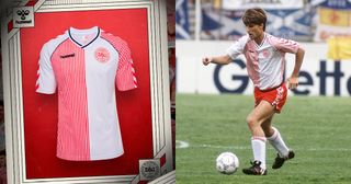 The Hummel Denmark 1986 remake shirt alongside the original from the World Cup of that year