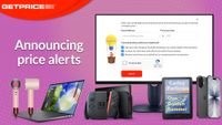 Purple background with red Getprice header in the top left corner with 'Announcing price alerts' written in white with product images around it