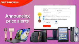Purple background with red Getprice header in the top left corner with 'Announcing price alerts' written in white with product images around it