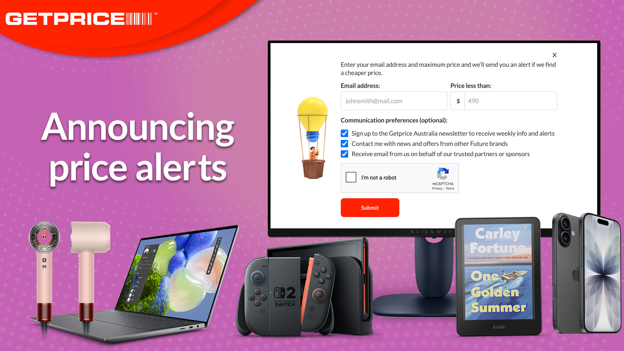 Purple background with red Getprice header in the top left corner with 'Announcing price alerts' written in white with product images around it