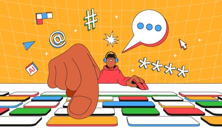 Young man using computer vector illustration