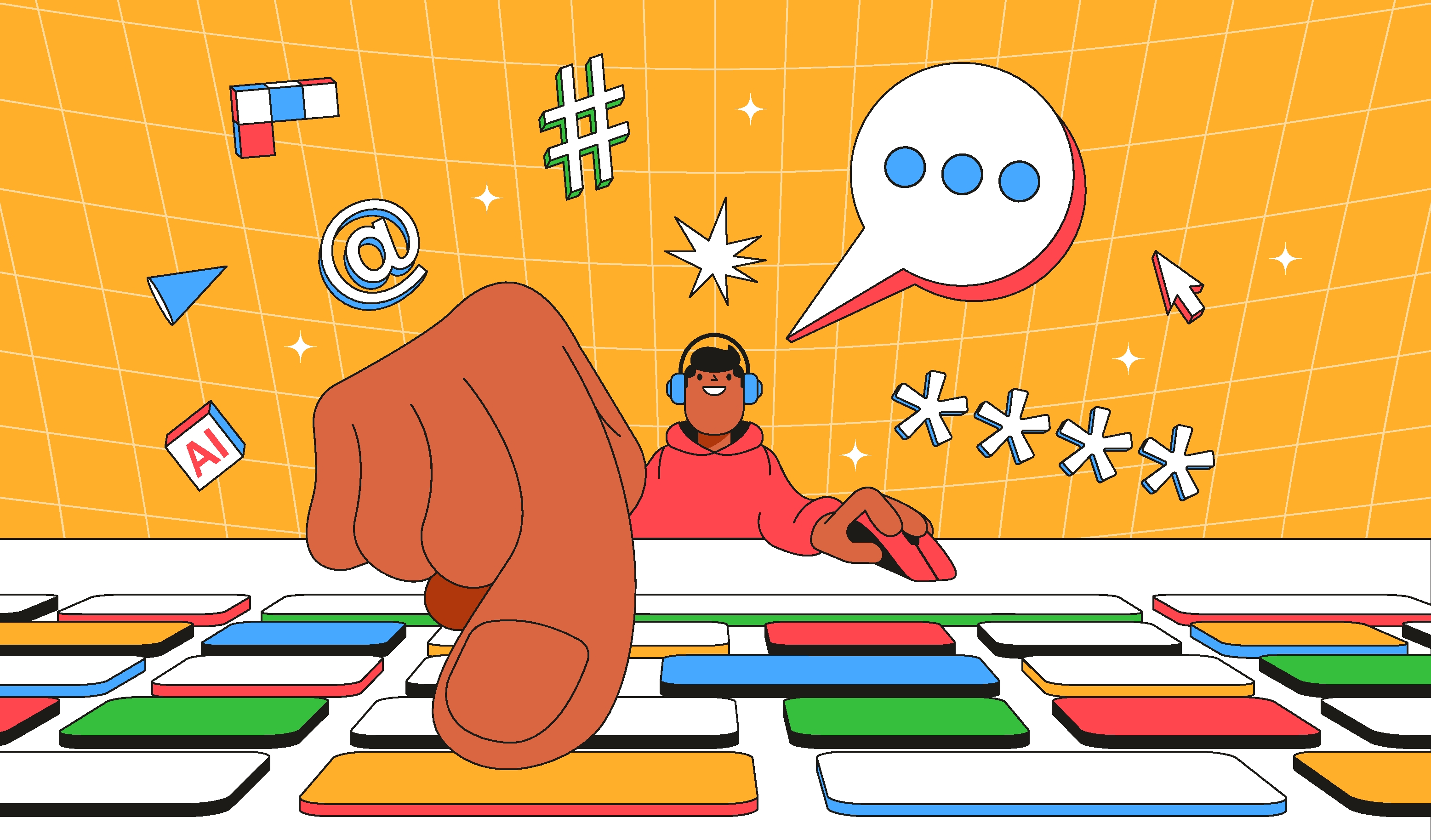 Young man using computer vector illustration