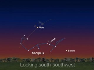 This image shows Comet Siding Spring's expected position near Mars in the south-southwest sky on Oct. 19, 2014.
