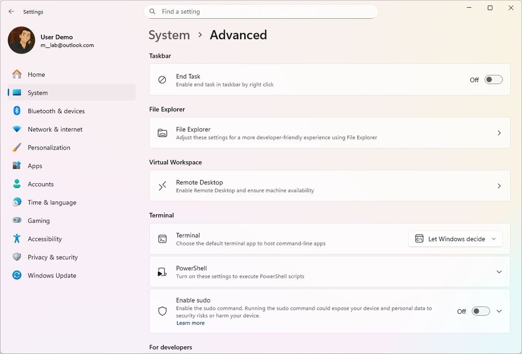 Advanced settings page