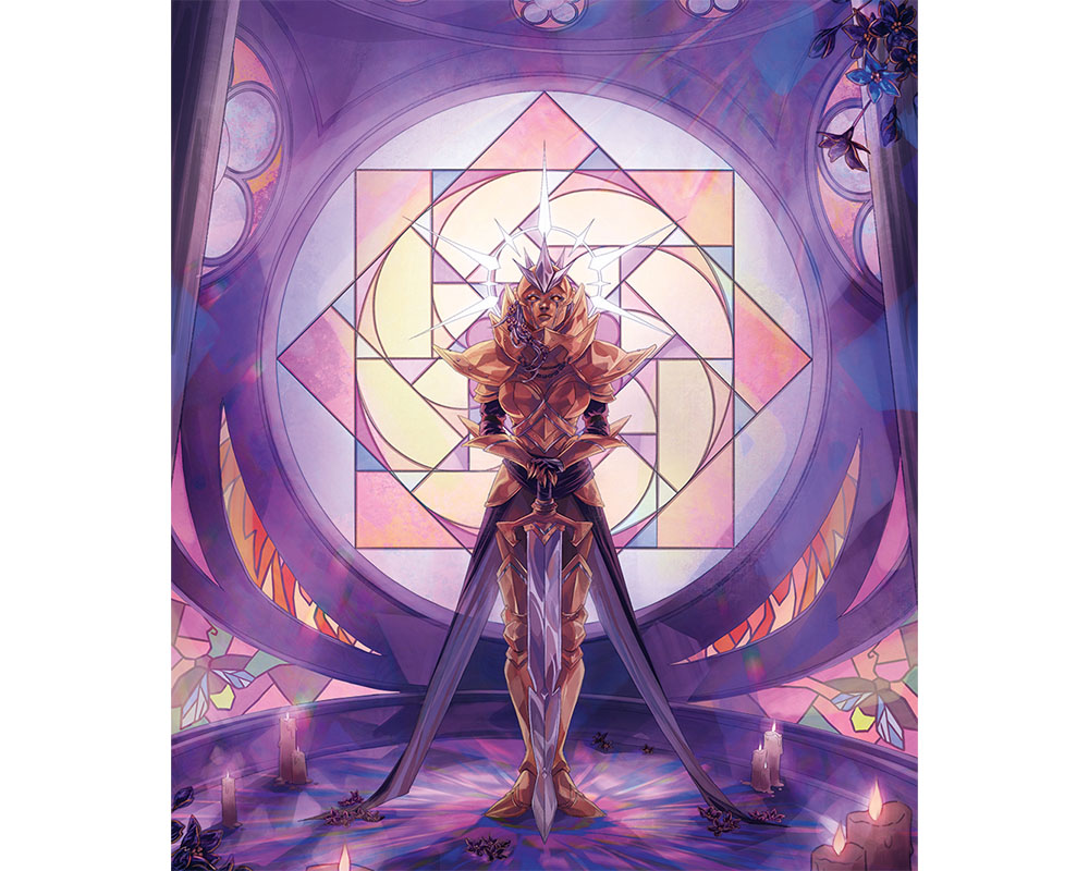 Digital art showing a fantasy character design in purple and magenta hues
