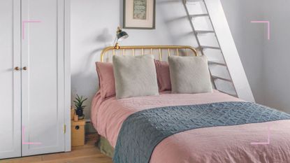 pale grey bedroom with pink bedding bedside a built in small closet to demonstrate how to organise a small closet with lots of clothes