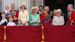 Queen Elizabeth II, Catherine, Duchess of Cambridge and Prince William, Duke of Cambridge, Meghan, Duchess of Sussex, Prince Harry, Duke of Sussex on the balcony of Buckingham Palace during Trooping the Colour